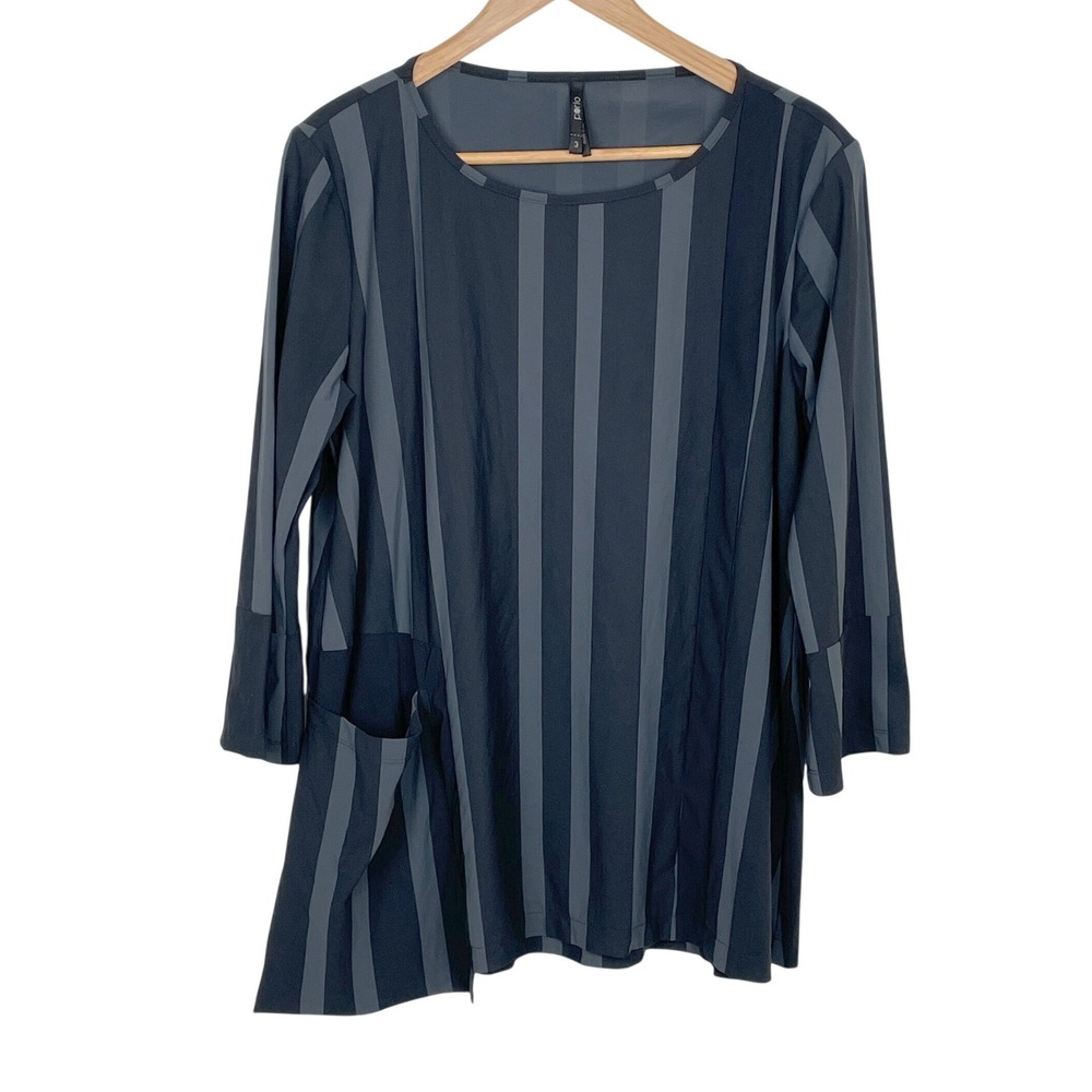 Porto San Francisco Asymmetrical Stripe Tunic Top Women 3 L Lagenlook Monochrome